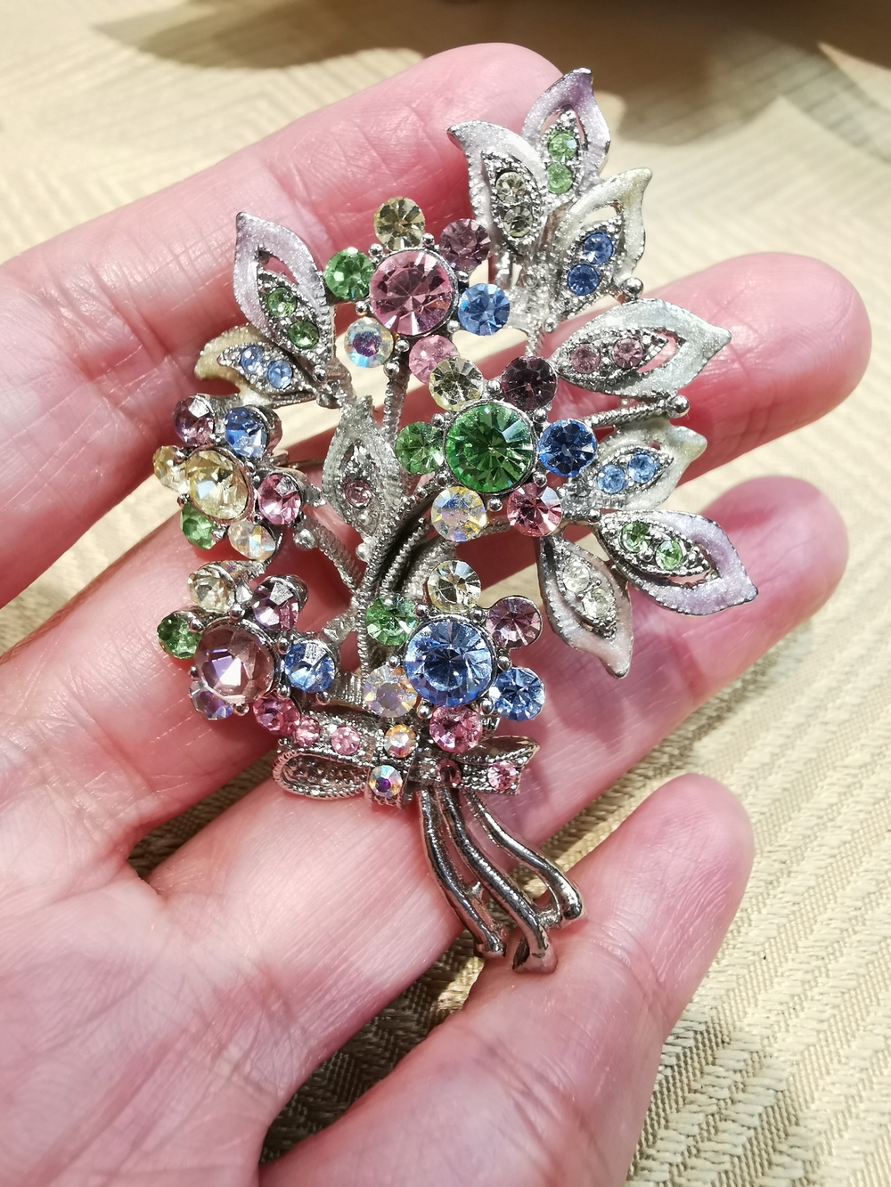 Vintage Multicolor Bouquet Pendant Brooch  with Uranium Crystal